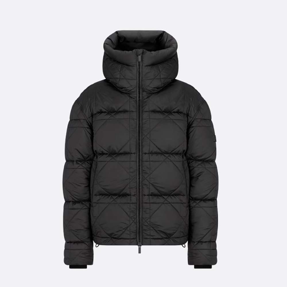 Front view of Dior Women Cannage Hooded Down Jacket Black Technical Fabric