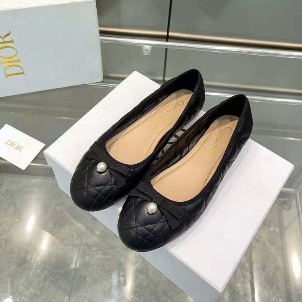 Top view highlighting slip-on design and smooth black calfskin on Dior ballet flat