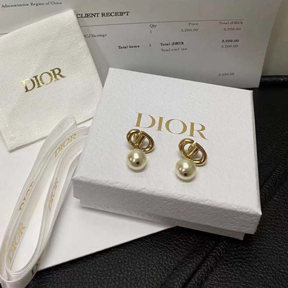 Dior Women CD Navy Earrings Gold-Finish Metal and White Resin Pearls - image 4