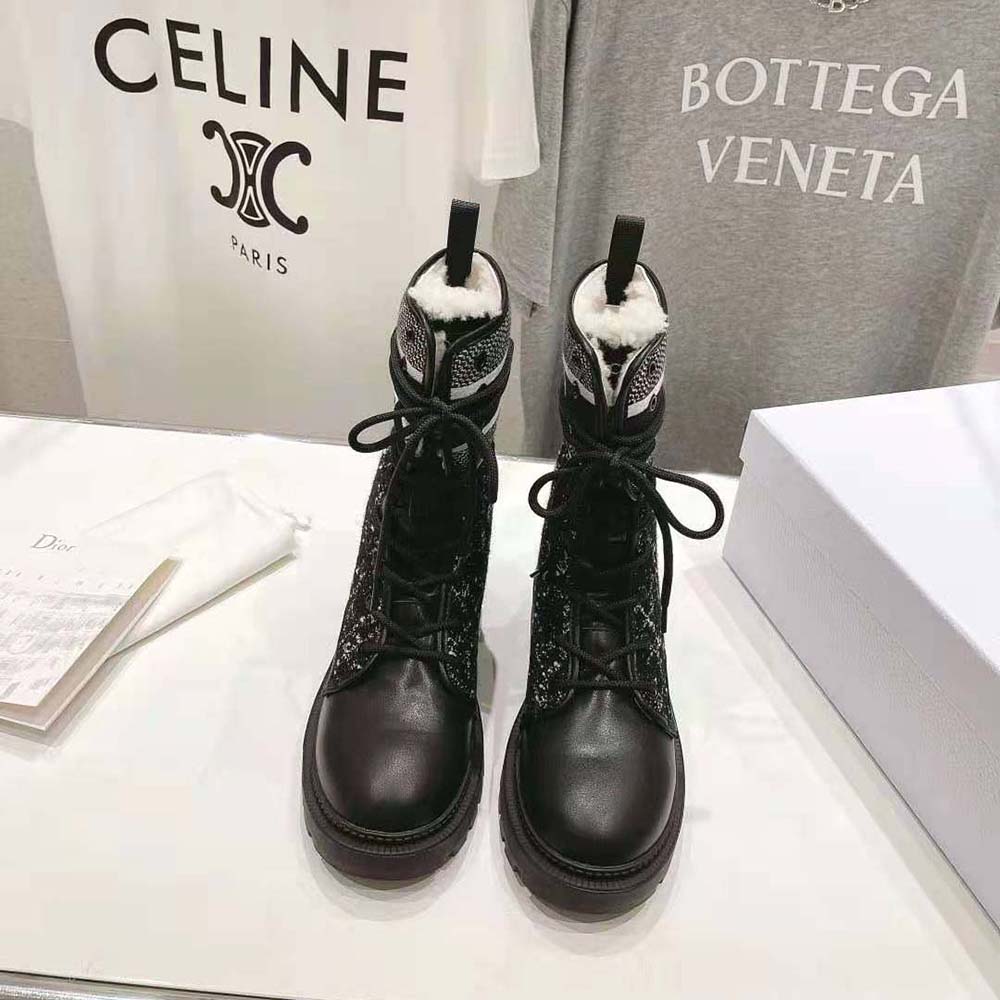 Close-up of black and white Cannage tweed on Dior Women D-Major Ankle Boot