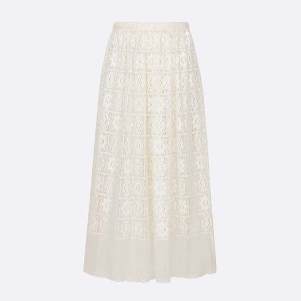 Front view of Dior Women Flared Mid-length Skirt in ecru cotton lace