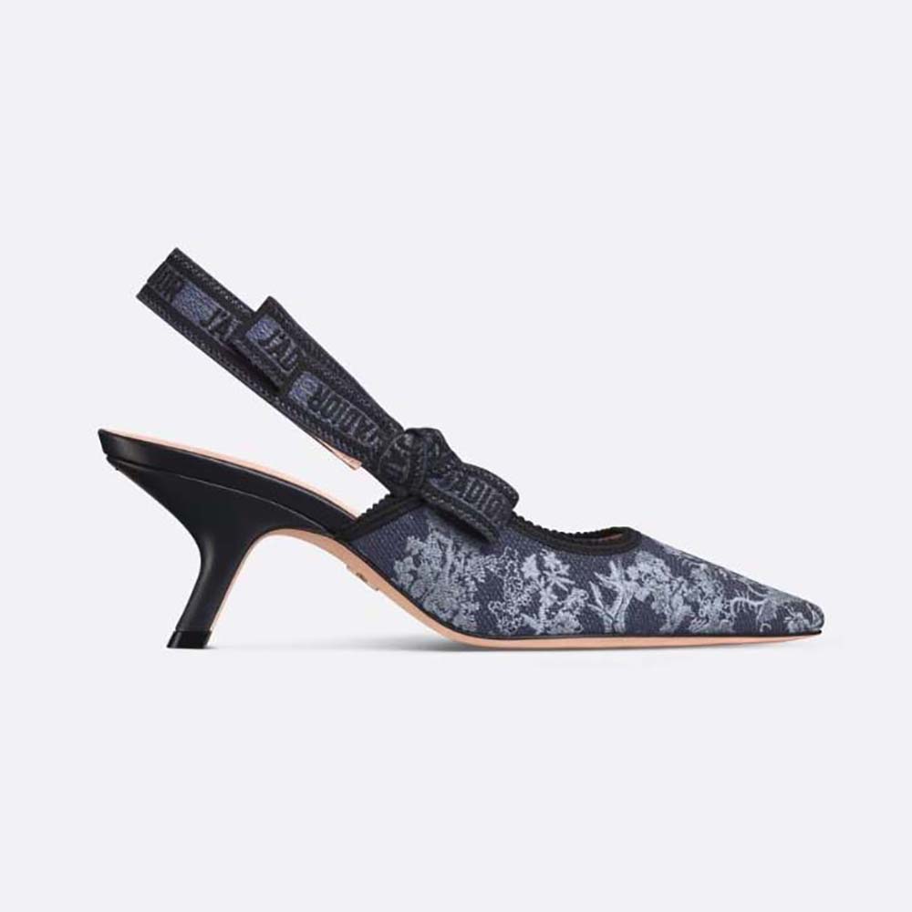 Side view of Dior Women J’Adior Slingback Pump Blue Multicolor Embroidered Denim