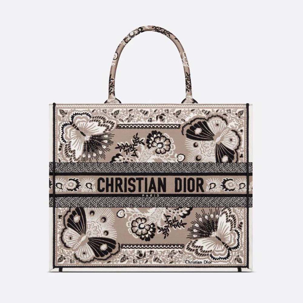 Front view of Dior Women Large Dior Book Tote Beige Multicolor Butterfly Bandana Embroidery