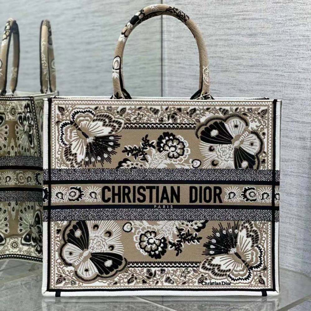 Close-up of multicolor butterfly embroidery on Dior Women Large Dior Book Tote Beige