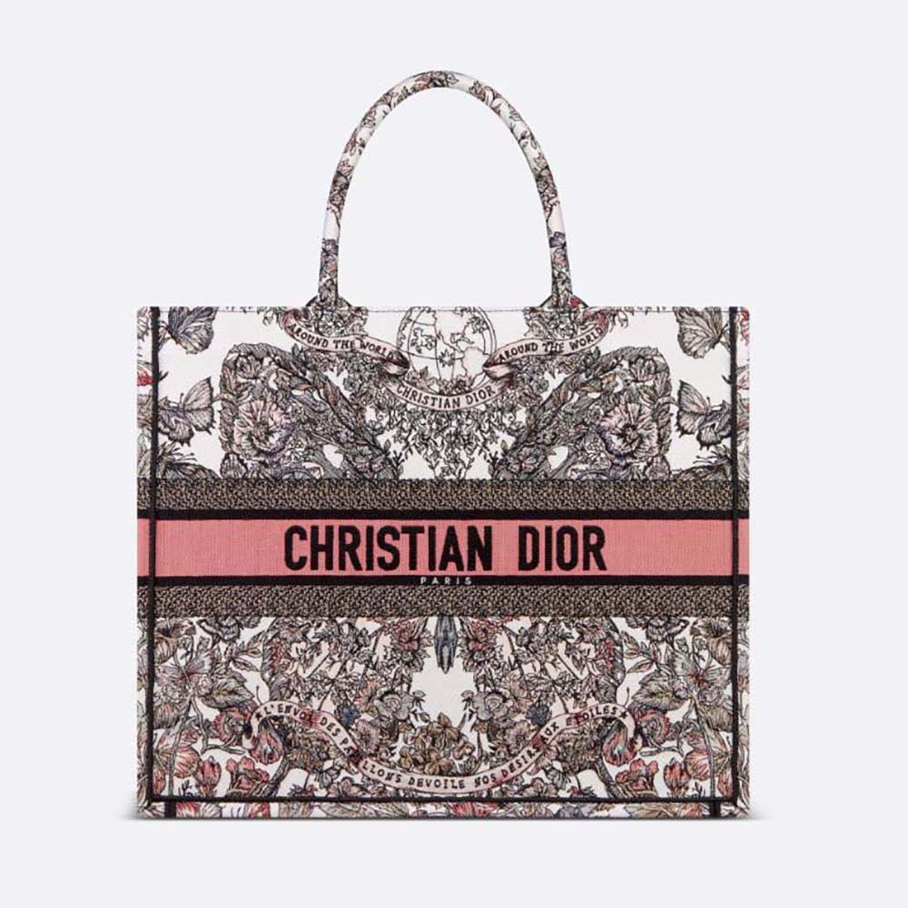 Front view of Dior Women Large Dior Book Tote White and Pastel Pink Butterfly Around The World Embroidery