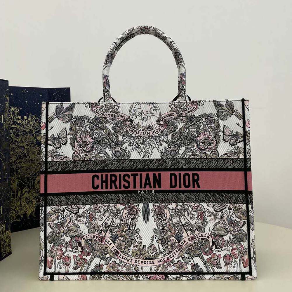 Close-up detail of butterfly embroidery on Dior Women Large Dior Book Tote
