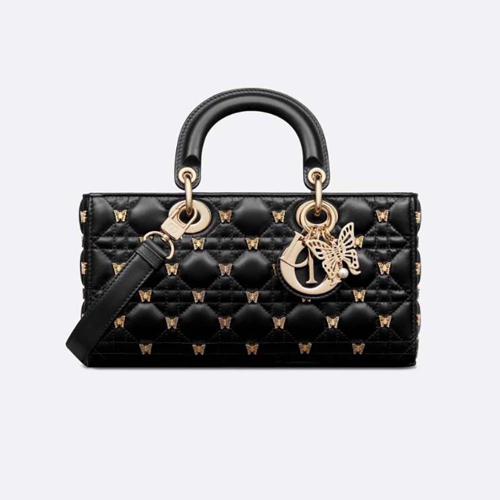 Front view of Dior Women Medium Lady D-joy Bag in black lambskin