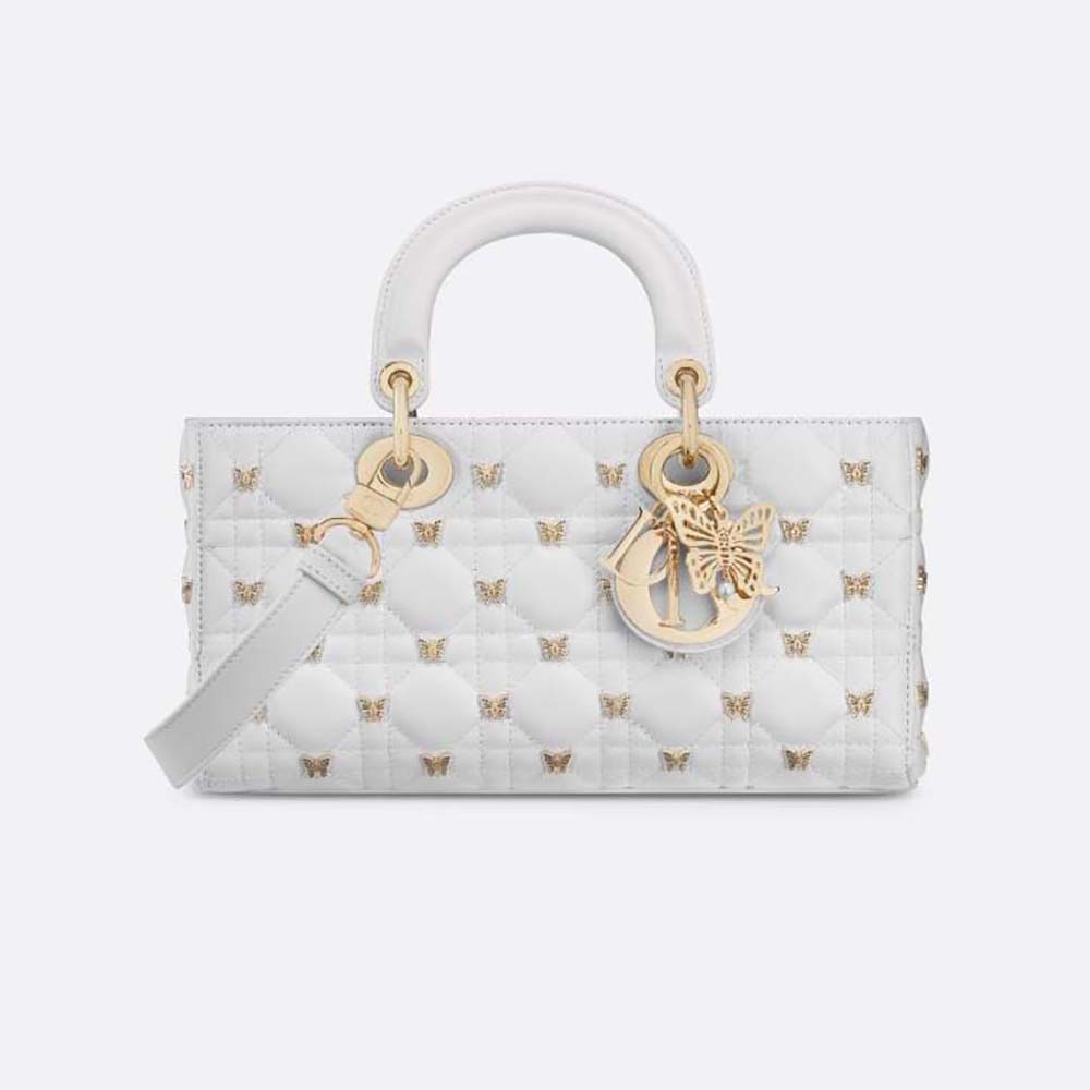 Front angle of Dior Women Medium Lady D-joy Bag White Cannage Lambskin with butterfly studs