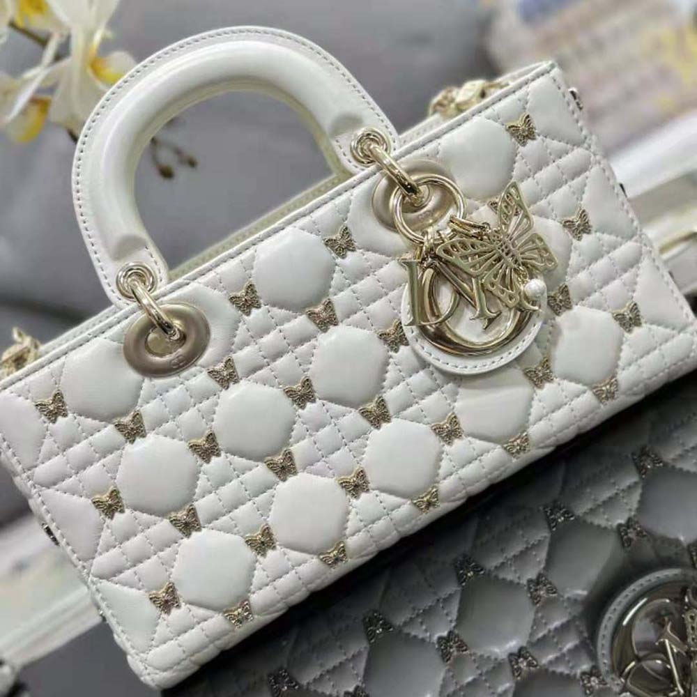 Dior Women Medium Lady D-joy Bag White Cannage Lambskin with Gold-Finish Butterfly Studs - image 7