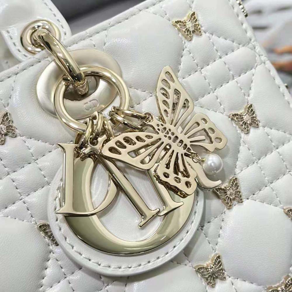 Dior Women Medium Lady D-joy Bag White Cannage Lambskin with Gold-Finish Butterfly Studs - image 10