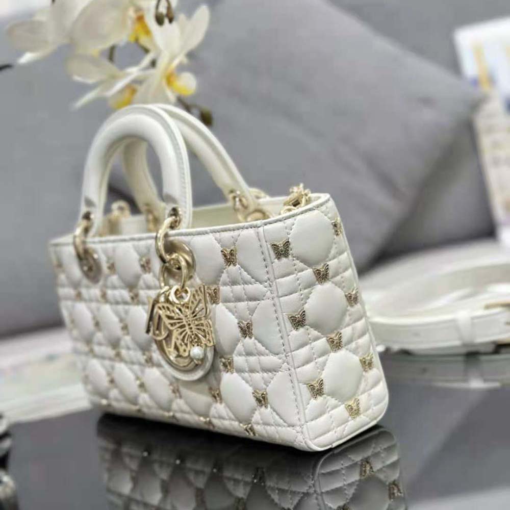 Dior Women Medium Lady D-joy Bag White Cannage Lambskin with Gold-Finish Butterfly Studs - image 4