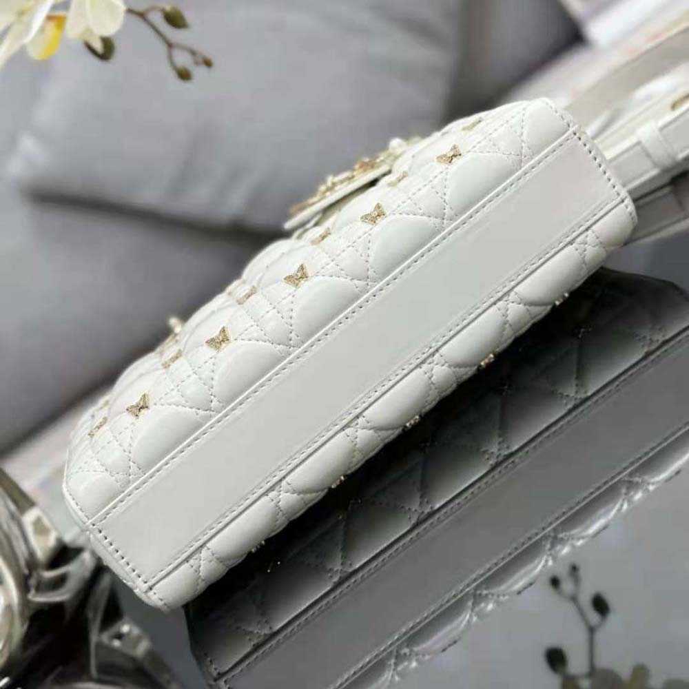Dior Women Medium Lady D-joy Bag White Cannage Lambskin with Gold-Finish Butterfly Studs - image 6
