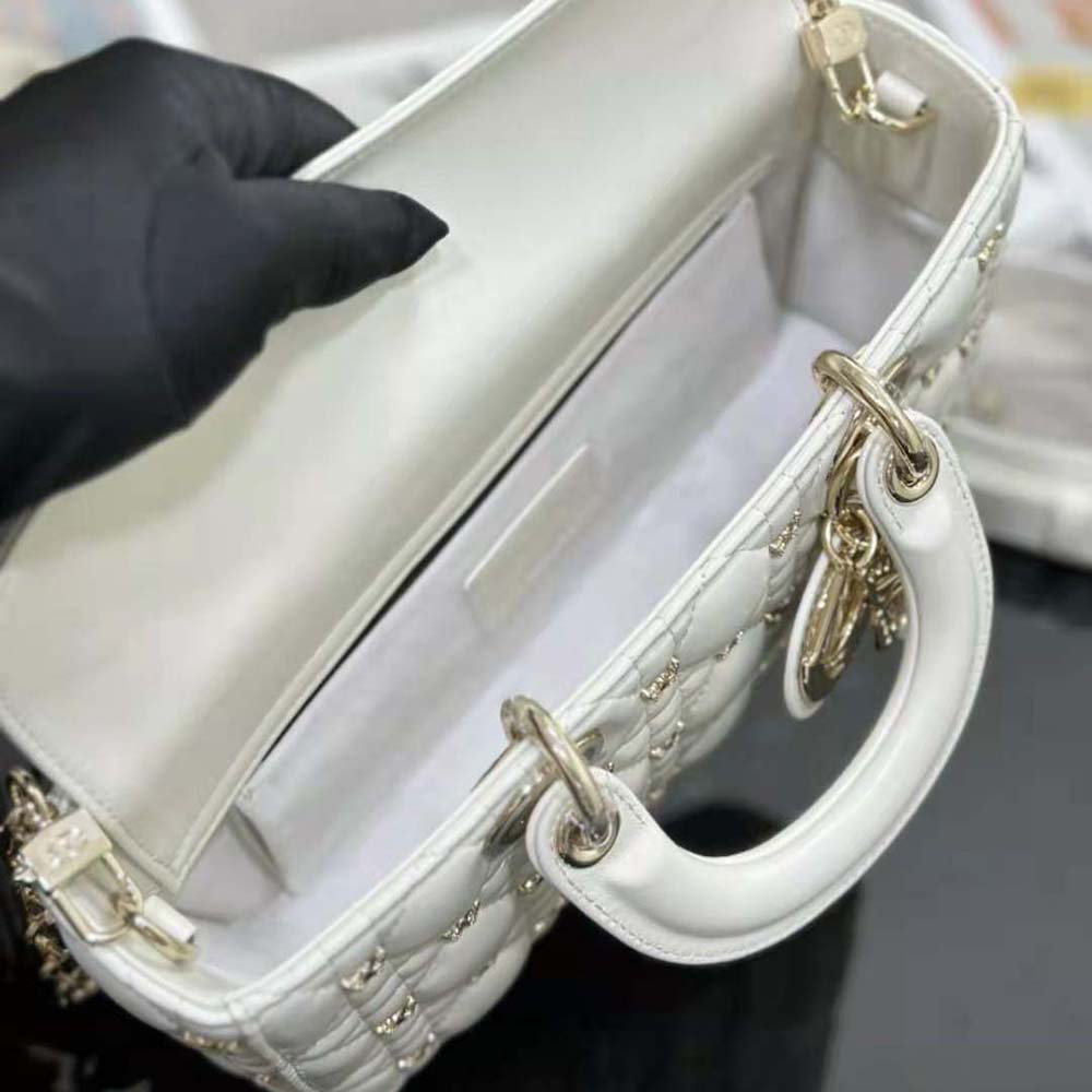 Dior Women Medium Lady D-joy Bag White Cannage Lambskin with Gold-Finish Butterfly Studs - image 8