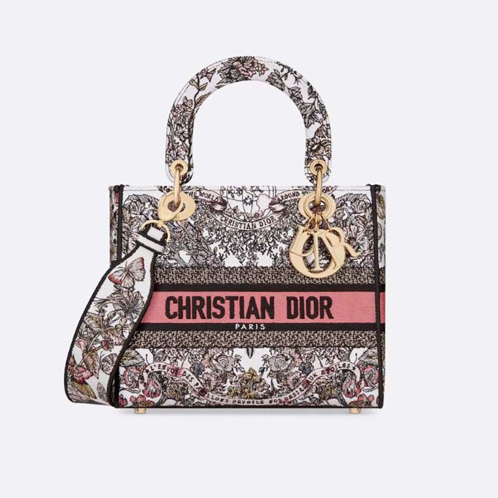 Dior Women Medium Lady D-lite Bag White and Pastel Pink Butterfly Around The World Embroidery