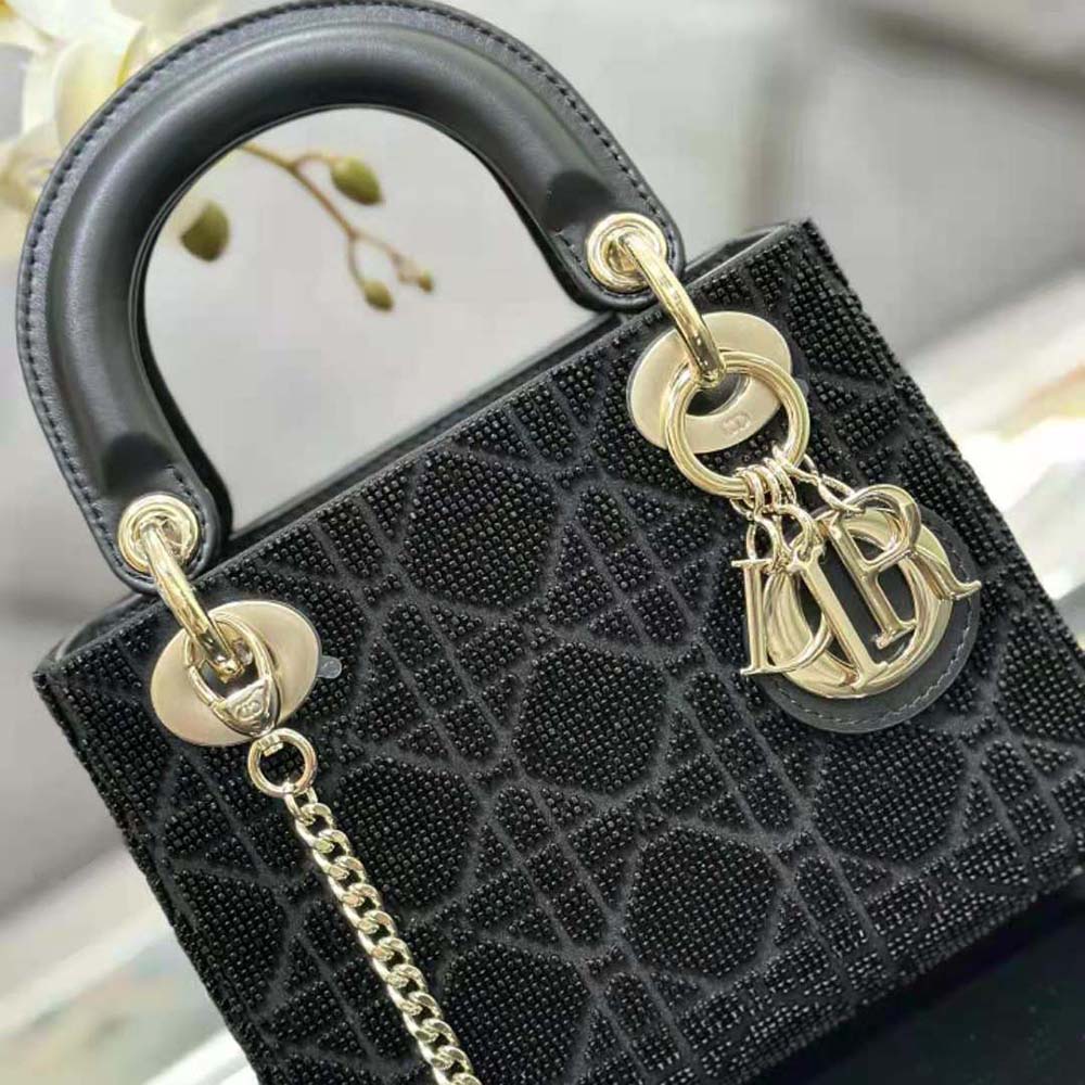 Dior Women Mini Lady D-joy Bag Black Cannage Cotton with Micropearl Embroidery - image 7