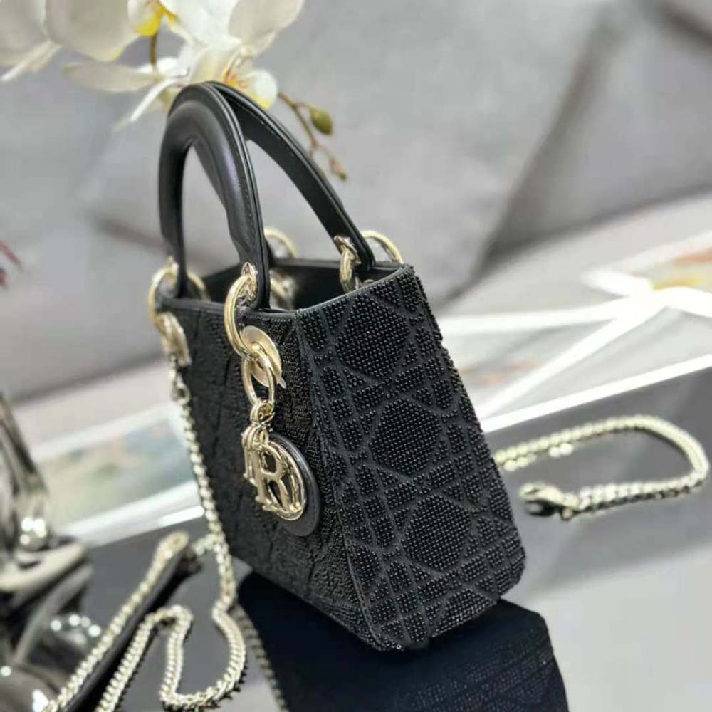 Dior Women Mini Lady D-joy Bag Black Cannage Cotton with Micropearl Embroidery - image 4