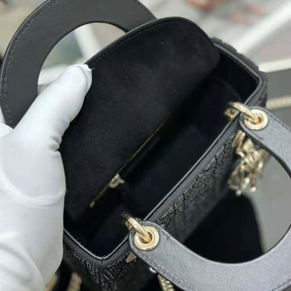 Dior Women Mini Lady D-joy Bag Black Cannage Cotton with Micropearl Embroidery - image 8