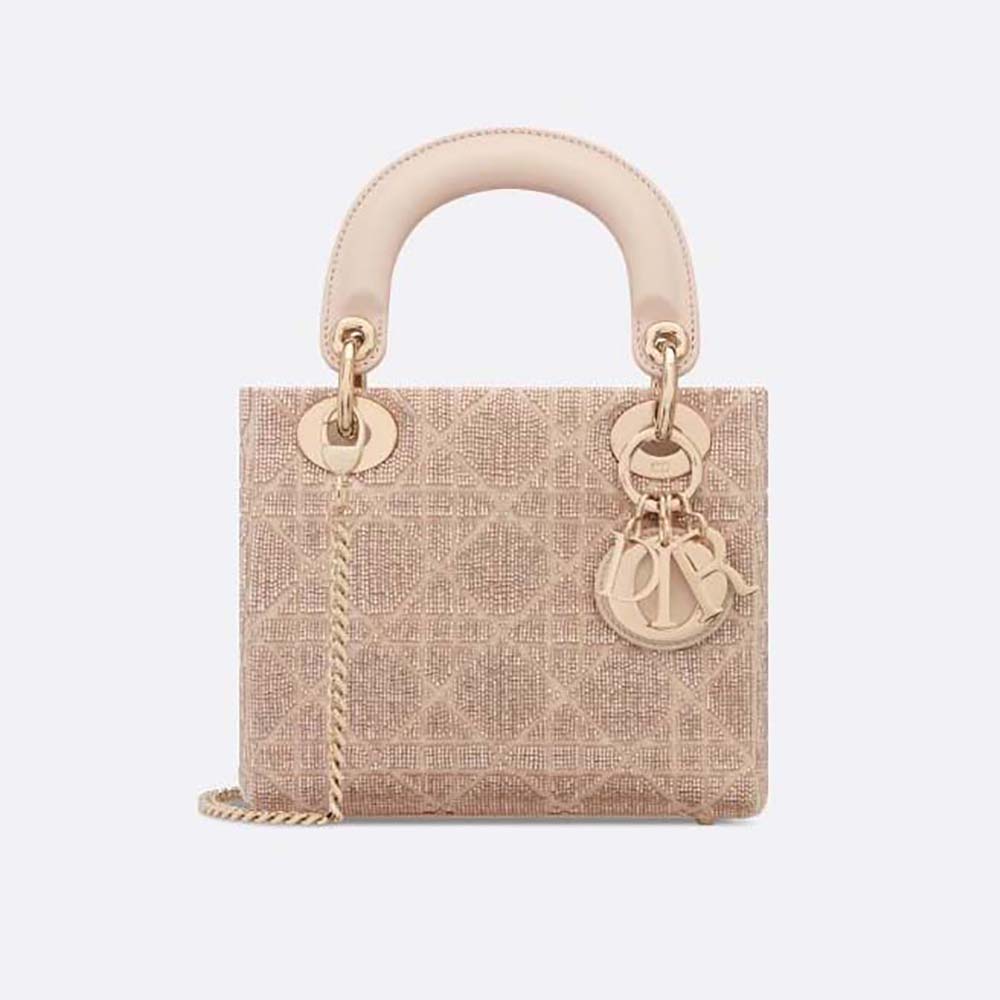 Front view of Dior Women Mini Lady D-joy Bag Caramel Beige Cannage Cotton Embroidered