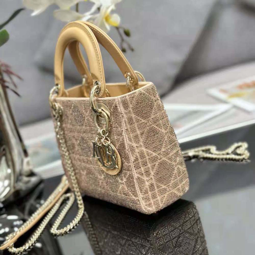 Dior Women Mini Lady D-joy Bag Caramel Beige Cannage Cotton Embroidered with Micropearls - image 4