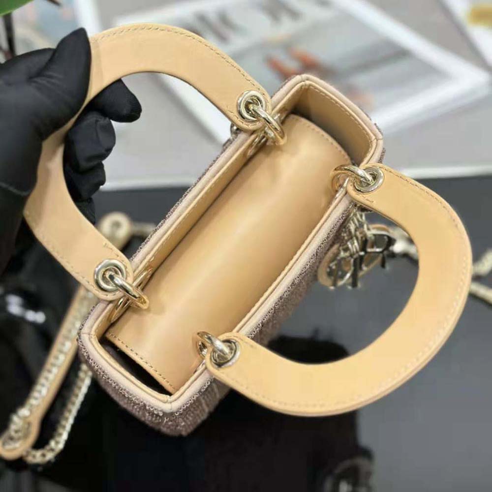 Dior Women Mini Lady D-joy Bag Caramel Beige Cannage Cotton Embroidered with Micropearls - image 7