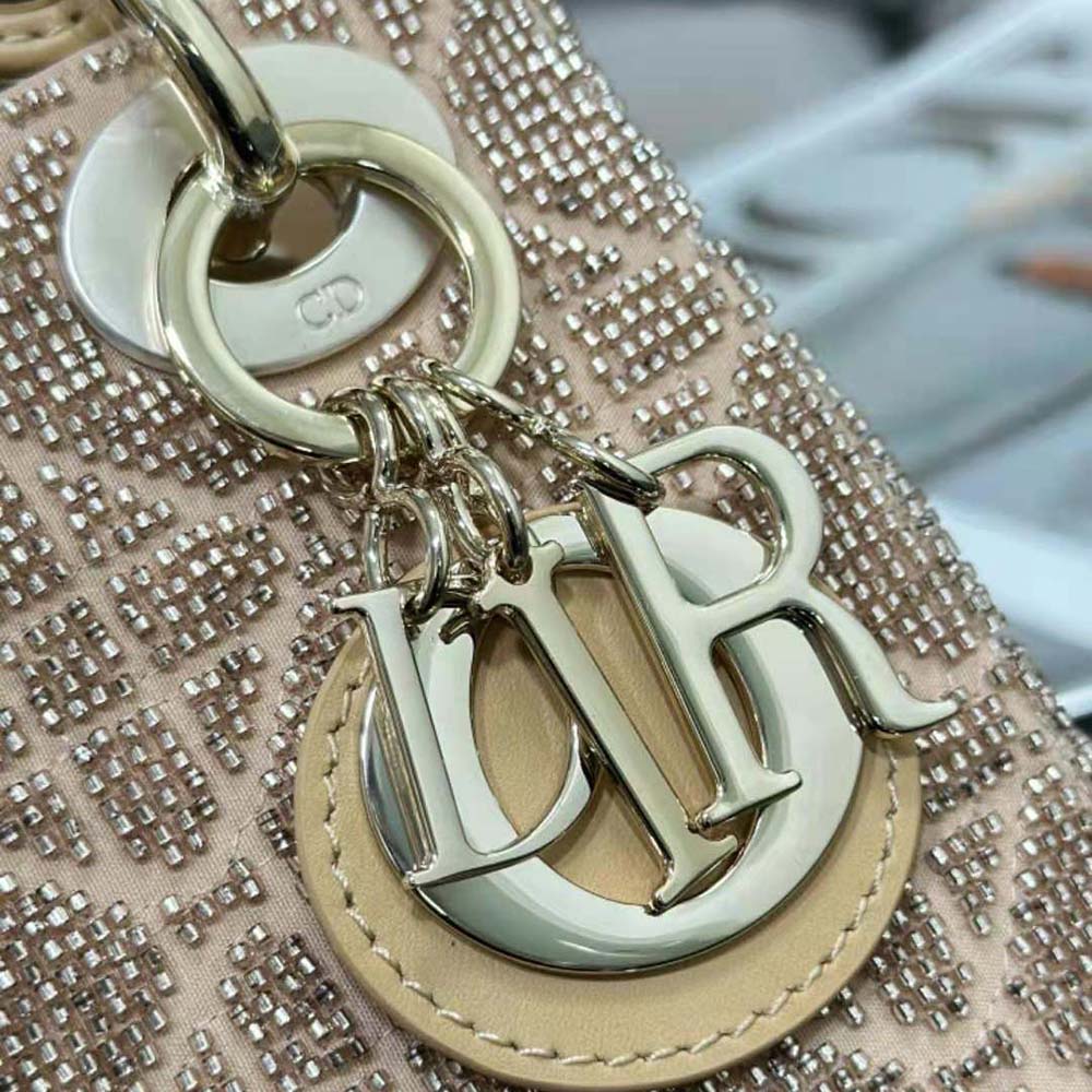 Dior Women Mini Lady D-joy Bag Caramel Beige Cannage Cotton Embroidered with Micropearls - image 9