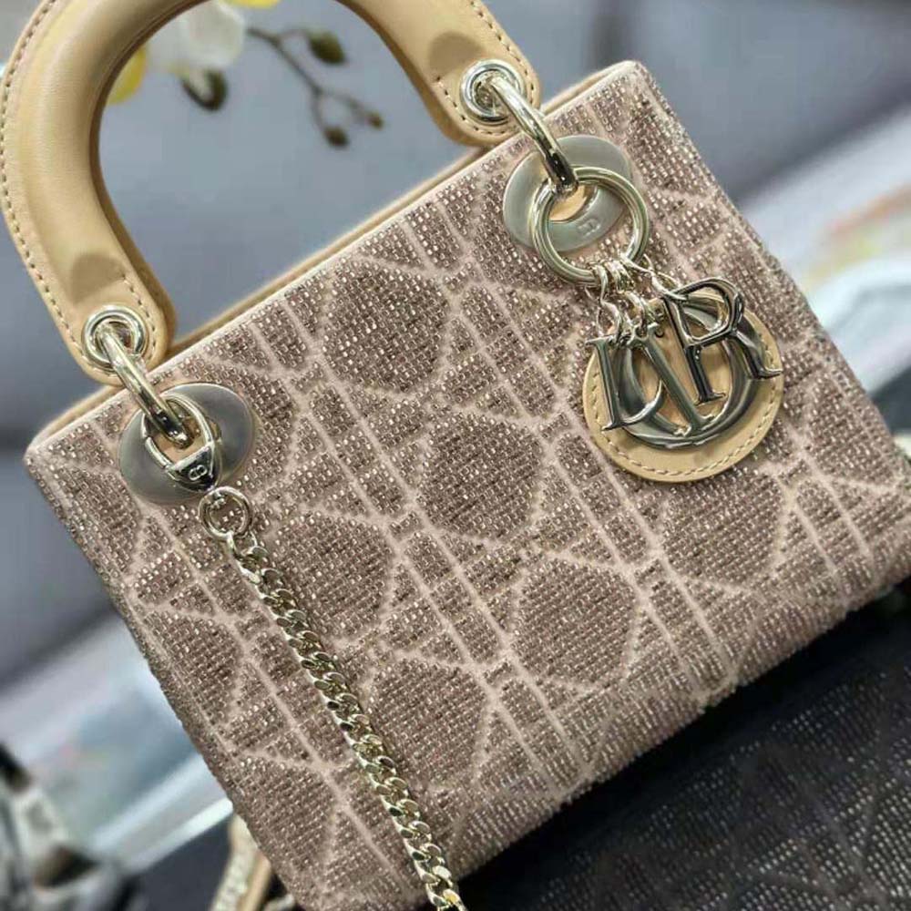 Dior Women Mini Lady D-joy Bag Caramel Beige Cannage Cotton Embroidered with Micropearls - image 5