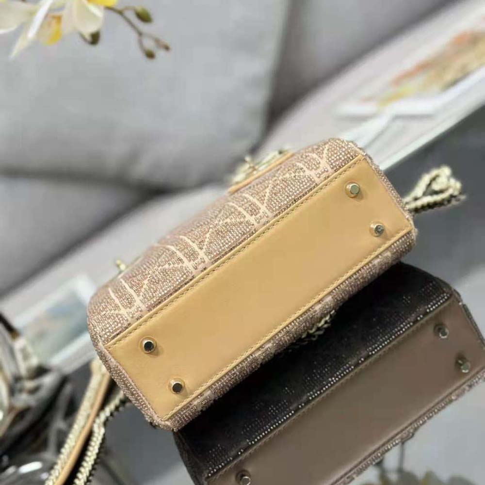 Dior Women Mini Lady D-joy Bag Caramel Beige Cannage Cotton Embroidered with Micropearls - image 6