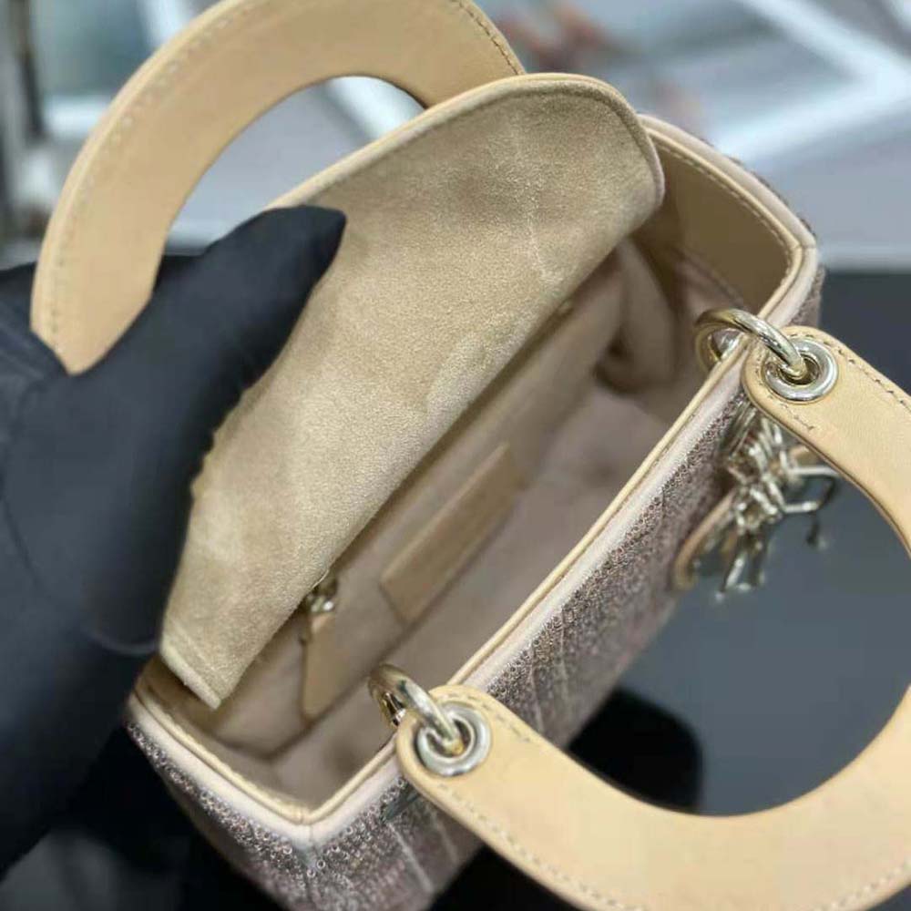 Dior Women Mini Lady D-joy Bag Caramel Beige Cannage Cotton Embroidered with Micropearls - image 8