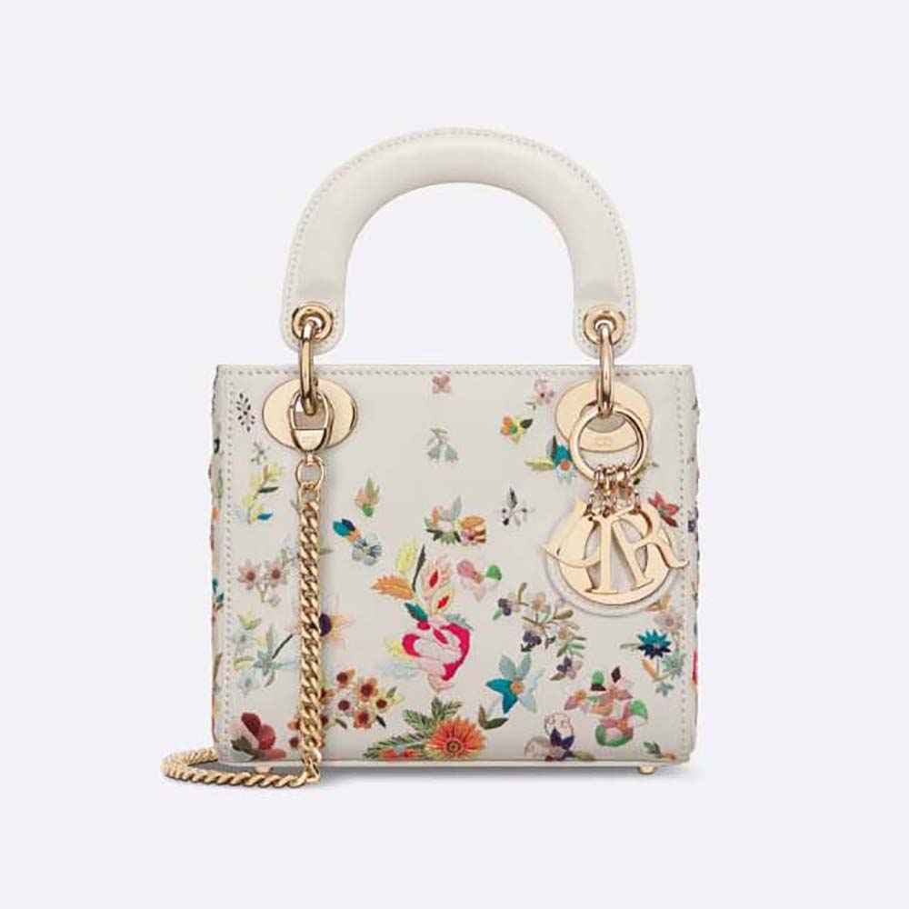 Front angle of Dior Women Mini Lady Dior Bag Latte Calfskin Embroidered
