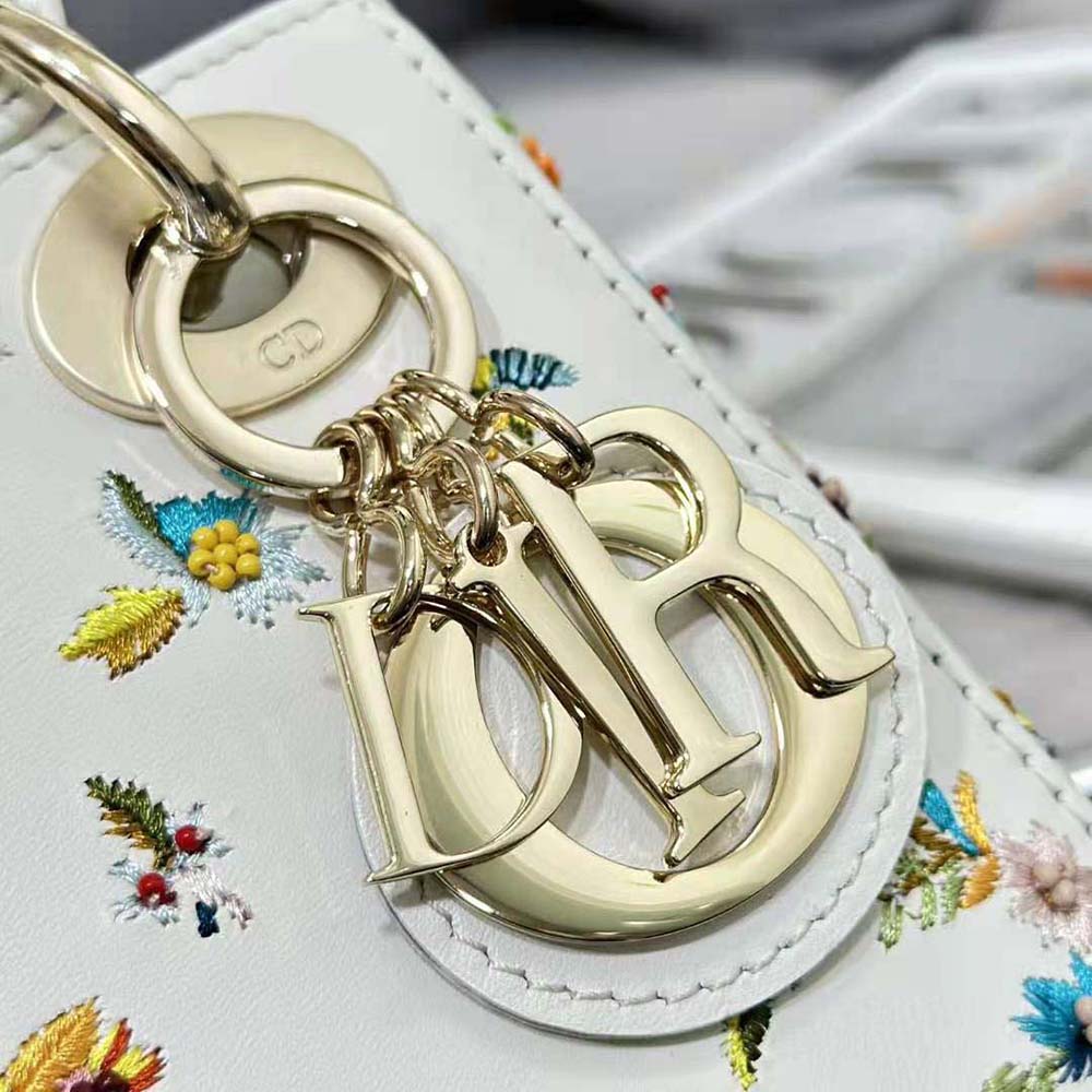 Dior Women Mini Lady Dior Bag Latte Calfskin Embroidered with Multicolor Small Flowers - image 8