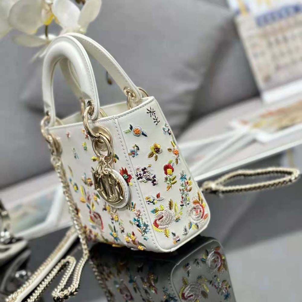 Dior Women Mini Lady Dior Bag Latte Calfskin Embroidered with Multicolor Small Flowers - image 4