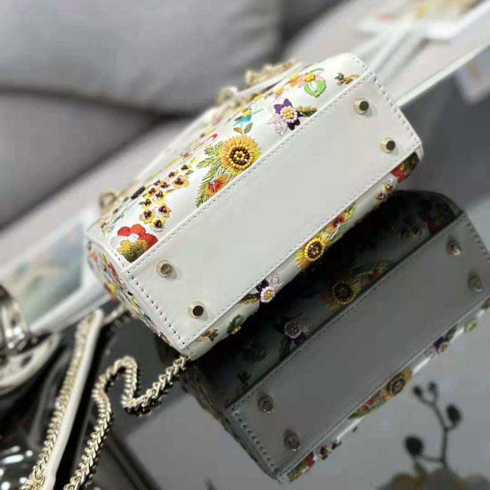 Dior Women Mini Lady Dior Bag Latte Calfskin Embroidered with Multicolor Small Flowers - image 6