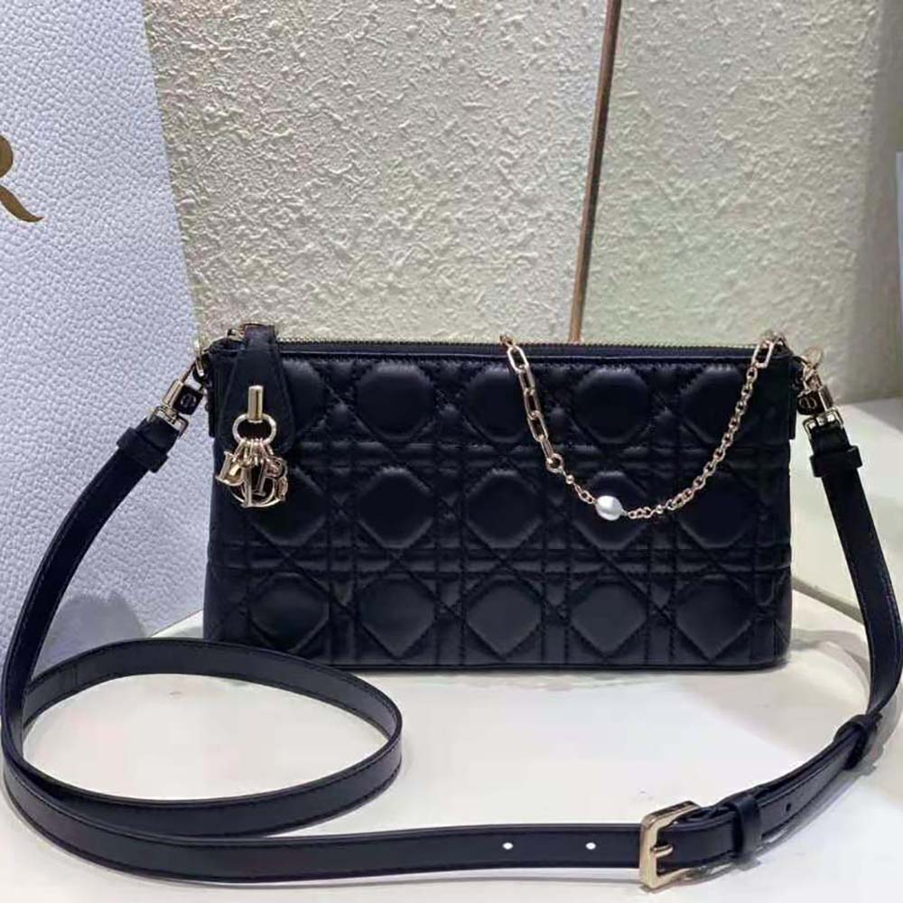 Close-up of black lambskin and Cannage stitching on Dior Women Miss Dior Midi Mini Bag