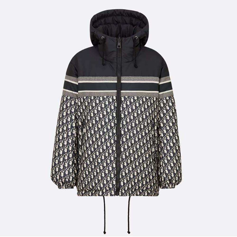 Front view of Dior Women Reversible Long Puffer Jacket Blue and Ecru