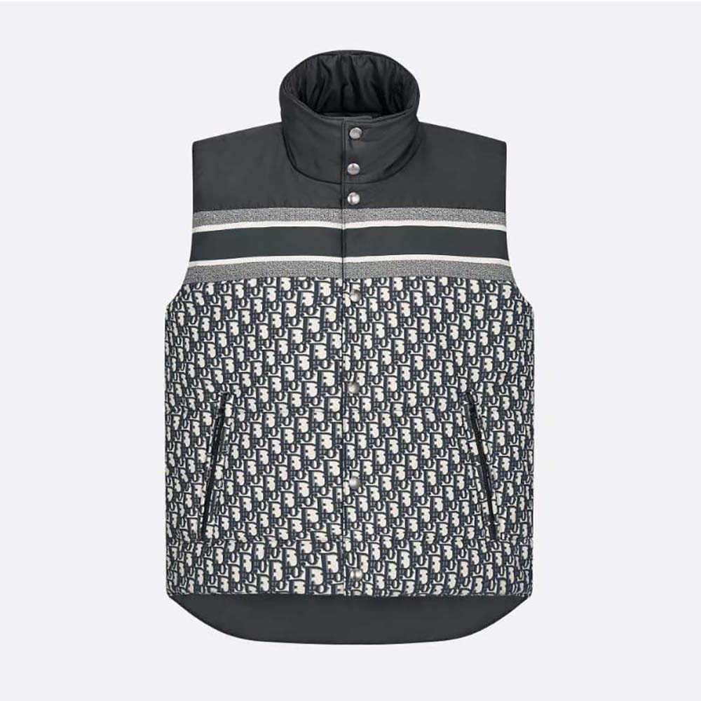 Front view of Dior Women Reversible Puffer Vest Blue and Ecru Dior Oblique Quilted Technical Taffeta