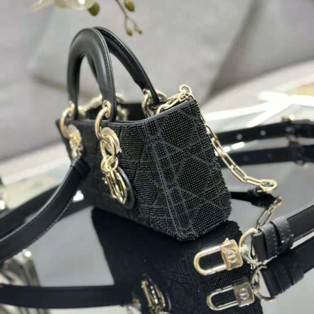 Dior Women Small Lady D-joy Bag Black Cannage Cotton with Micropearl Embroidery - image 4