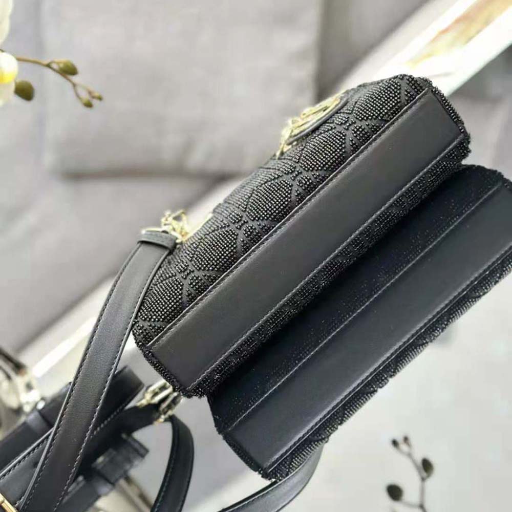 Dior Women Small Lady D-joy Bag Black Cannage Cotton with Micropearl Embroidery - image 5
