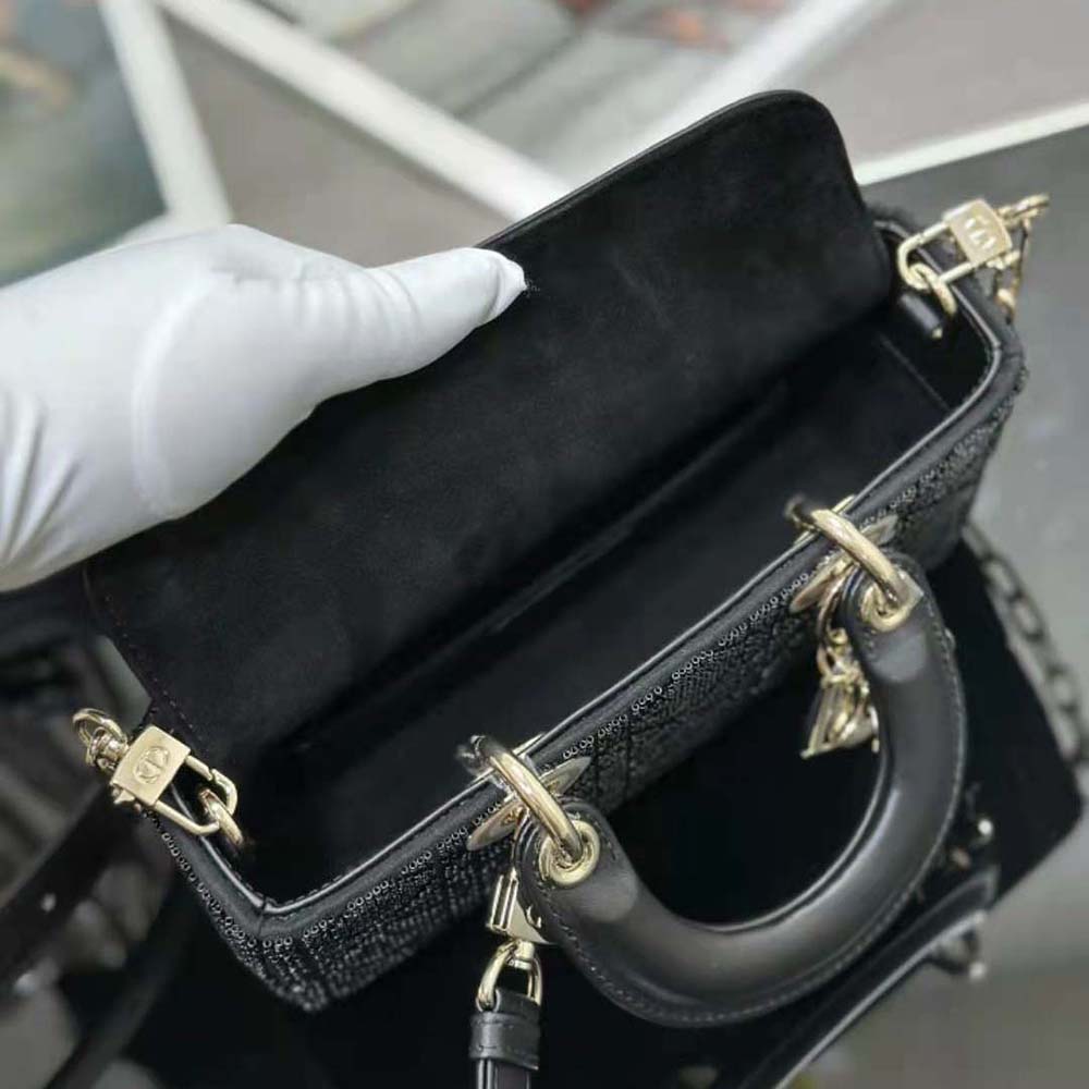Dior Women Small Lady D-joy Bag Black Cannage Cotton with Micropearl Embroidery - image 9