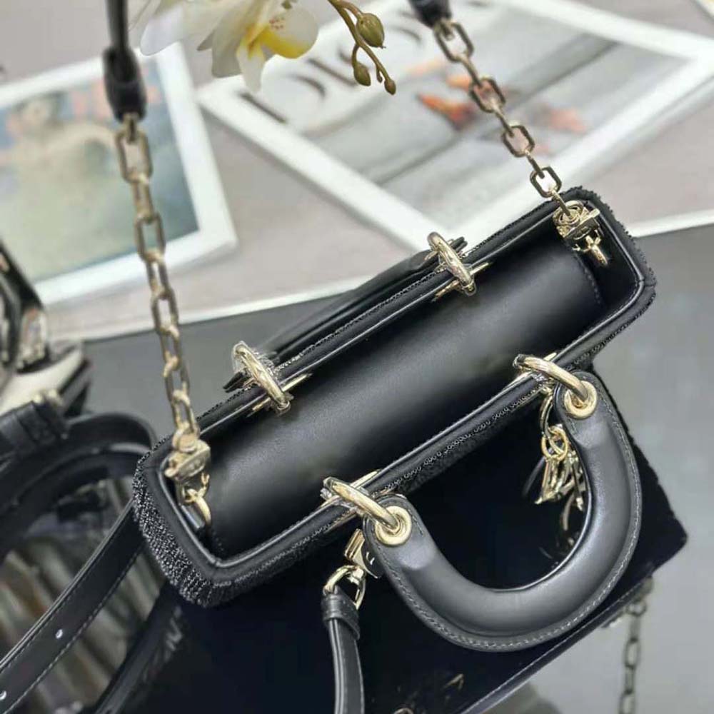 Dior Women Small Lady D-joy Bag Black Cannage Cotton with Micropearl Embroidery - image 6