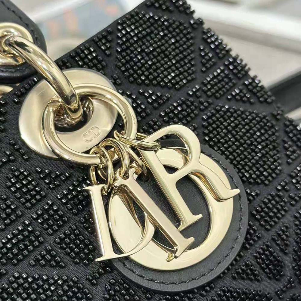 Dior Women Small Lady D-joy Bag Black Cannage Cotton with Micropearl Embroidery - image 8