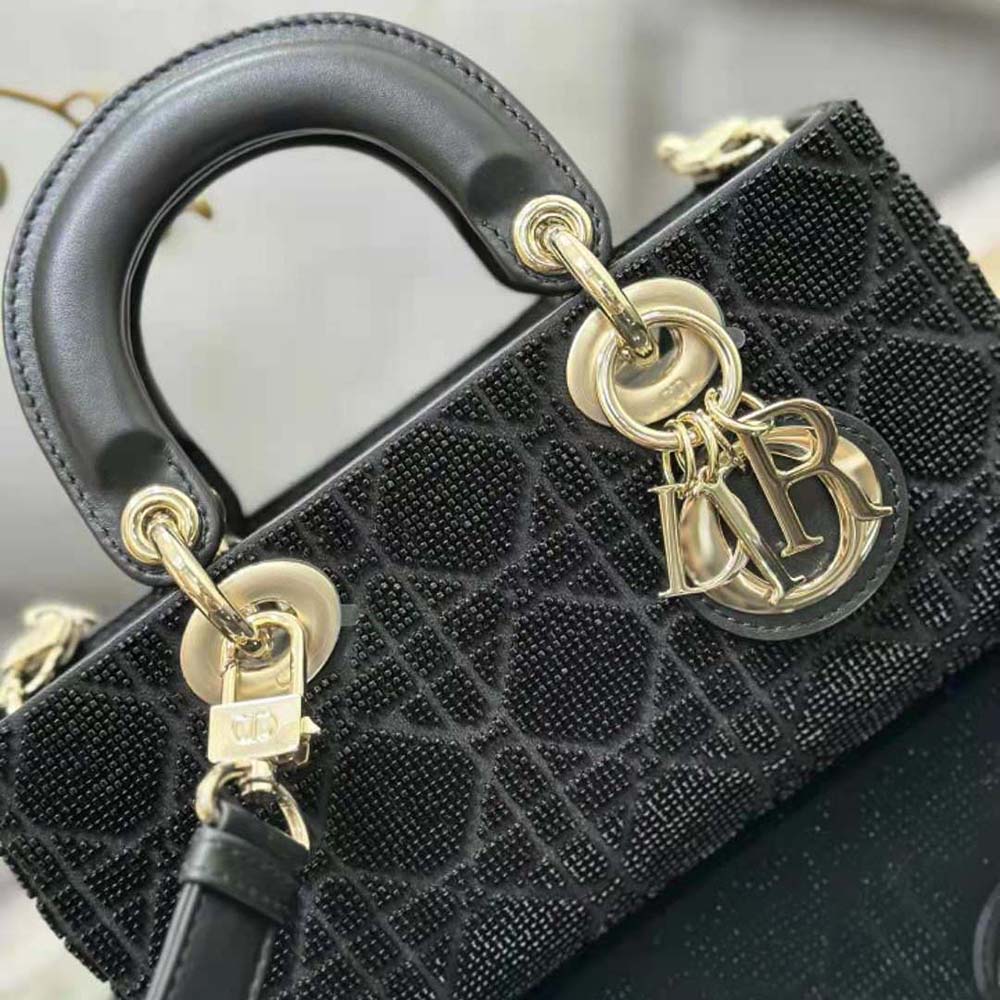 Dior Women Small Lady D-joy Bag Black Cannage Cotton with Micropearl Embroidery - image 7