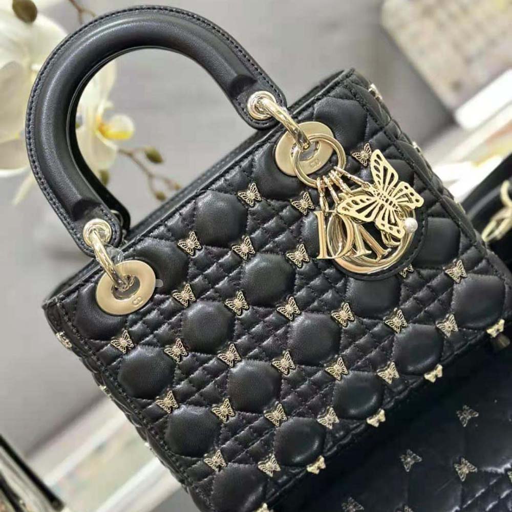Dior Women Small Lady Dior Bag Black Cannage Lambskin with Gold-Finish Butterfly Studs - image 7
