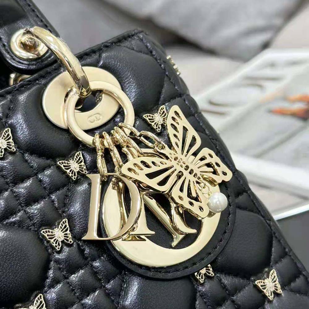 Dior Women Small Lady Dior Bag Black Cannage Lambskin with Gold-Finish Butterfly Studs - image 8