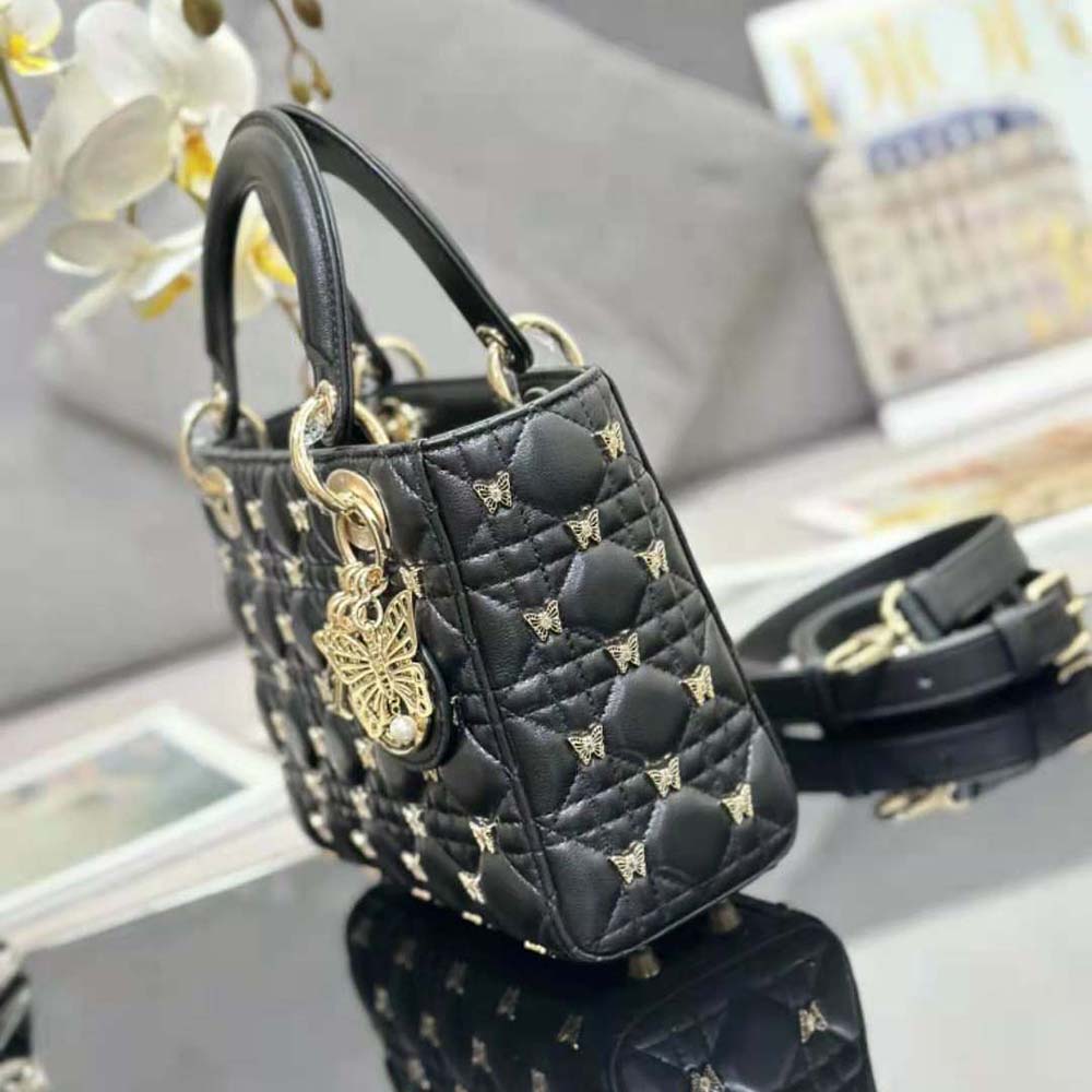 Dior Women Small Lady Dior Bag Black Cannage Lambskin with Gold-Finish Butterfly Studs - image 4
