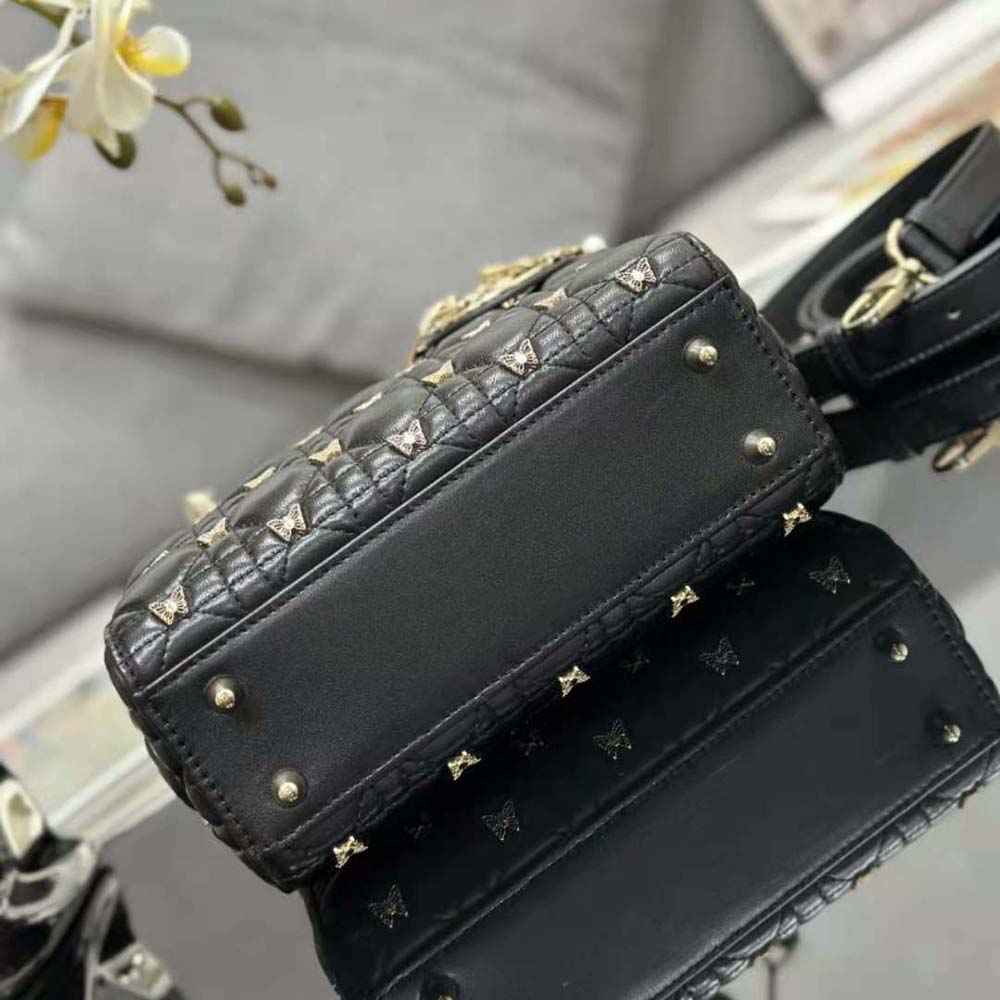 Dior Women Small Lady Dior Bag Black Cannage Lambskin with Gold-Finish Butterfly Studs - image 5