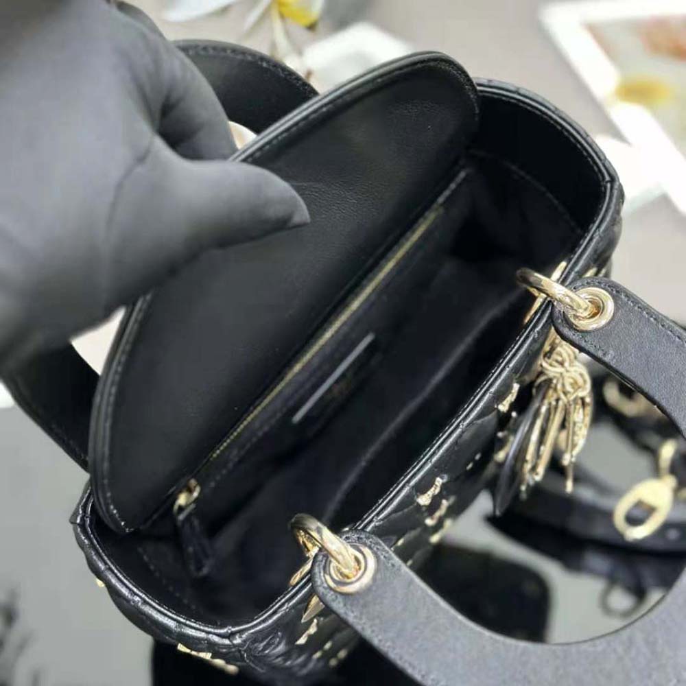 Dior Women Small Lady Dior Bag Black Cannage Lambskin with Gold-Finish Butterfly Studs - image 9
