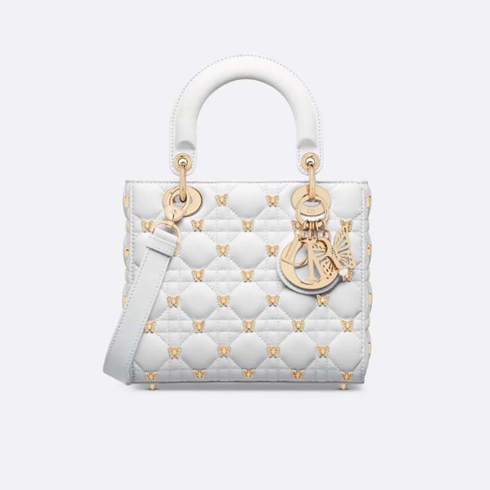Front view of Dior Women Small Lady Dior Bag White Cannage Lambskin with gold studs
