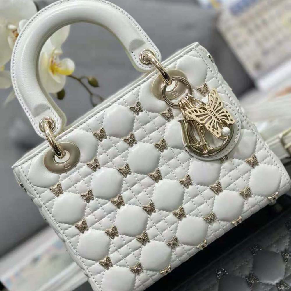 Dior Women Small Lady Dior Bag White Cannage Lambskin with Gold-Finish Butterfly Studs - image 4