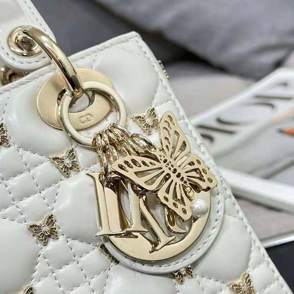 Dior Women Small Lady Dior Bag White Cannage Lambskin with Gold-Finish Butterfly Studs - image 9