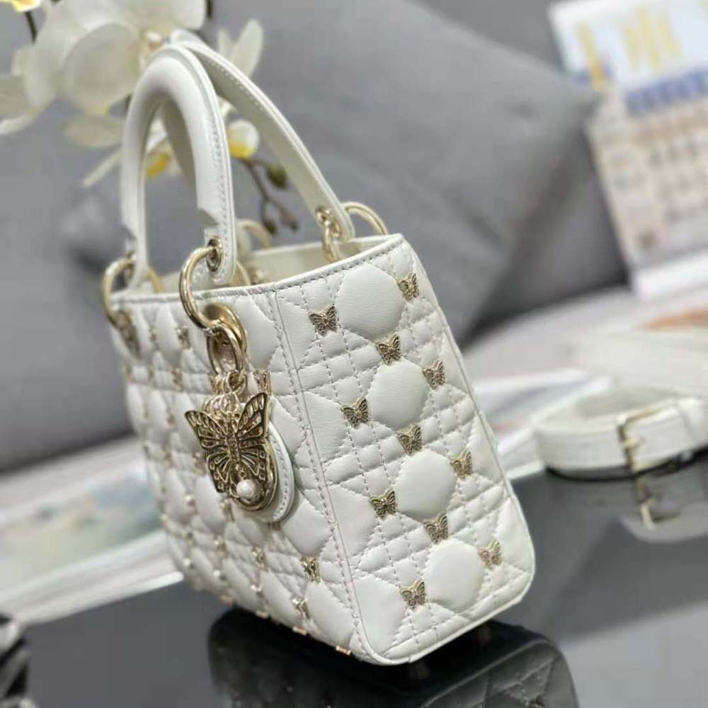 Dior Women Small Lady Dior Bag White Cannage Lambskin with Gold-Finish Butterfly Studs - image 6